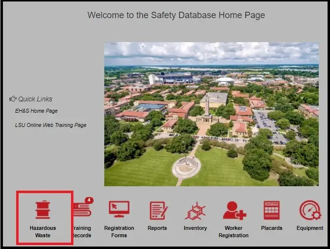 Safety Database Home Page with the hazardous waste icon highlighted