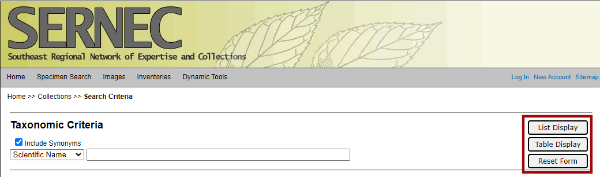 3. Search based on your criteria and click on the "table display" button.&nbsp; You my sort to explore specimen images and data.