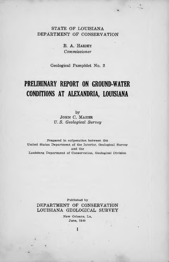 Preliminary Report on Ground-Water Conditions at Alexandria, Louisiana
