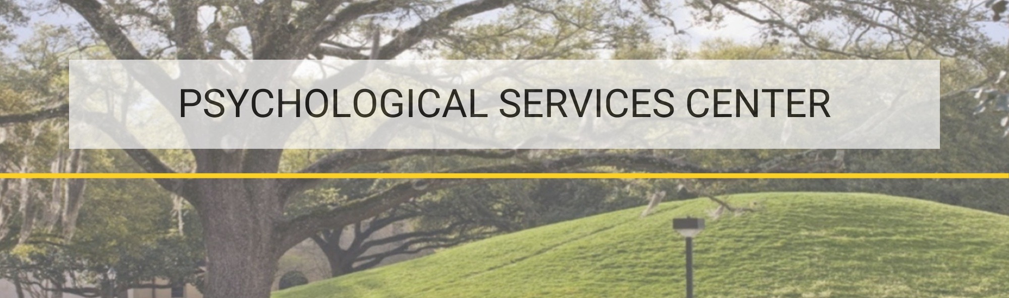 "Psychological Services Center" header with yellow underline and LSU mounds background