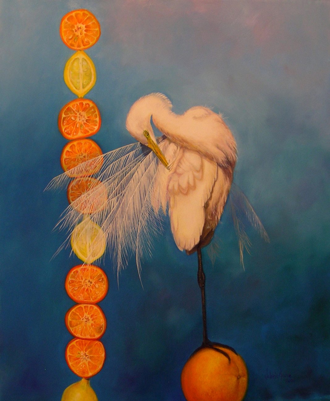 painting of an egret next to a single stack of oranges